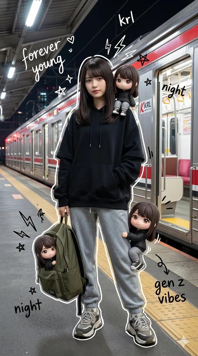 Preview image for Mixed-Media Portrait with Chibi Overlays at Night Train Station prompt