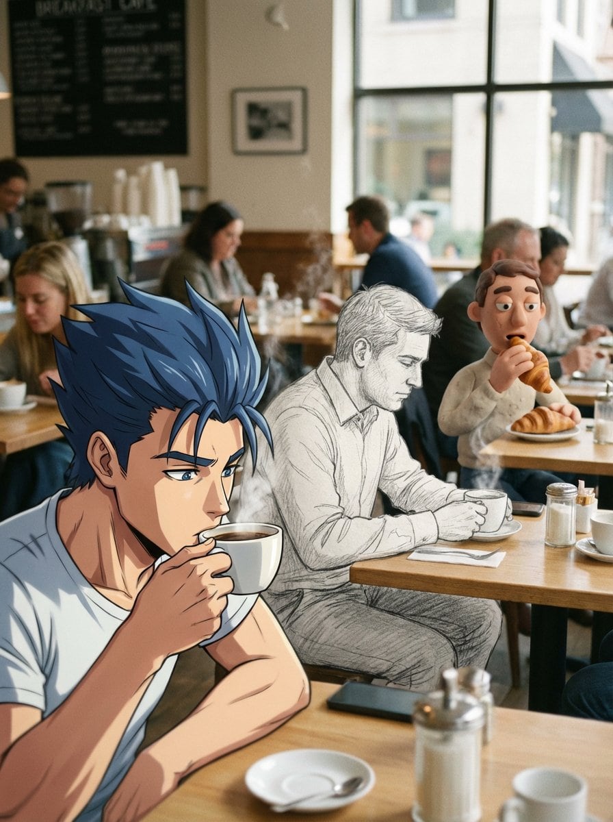 Mixed Media Cinematic Café Scene - Prompt IA