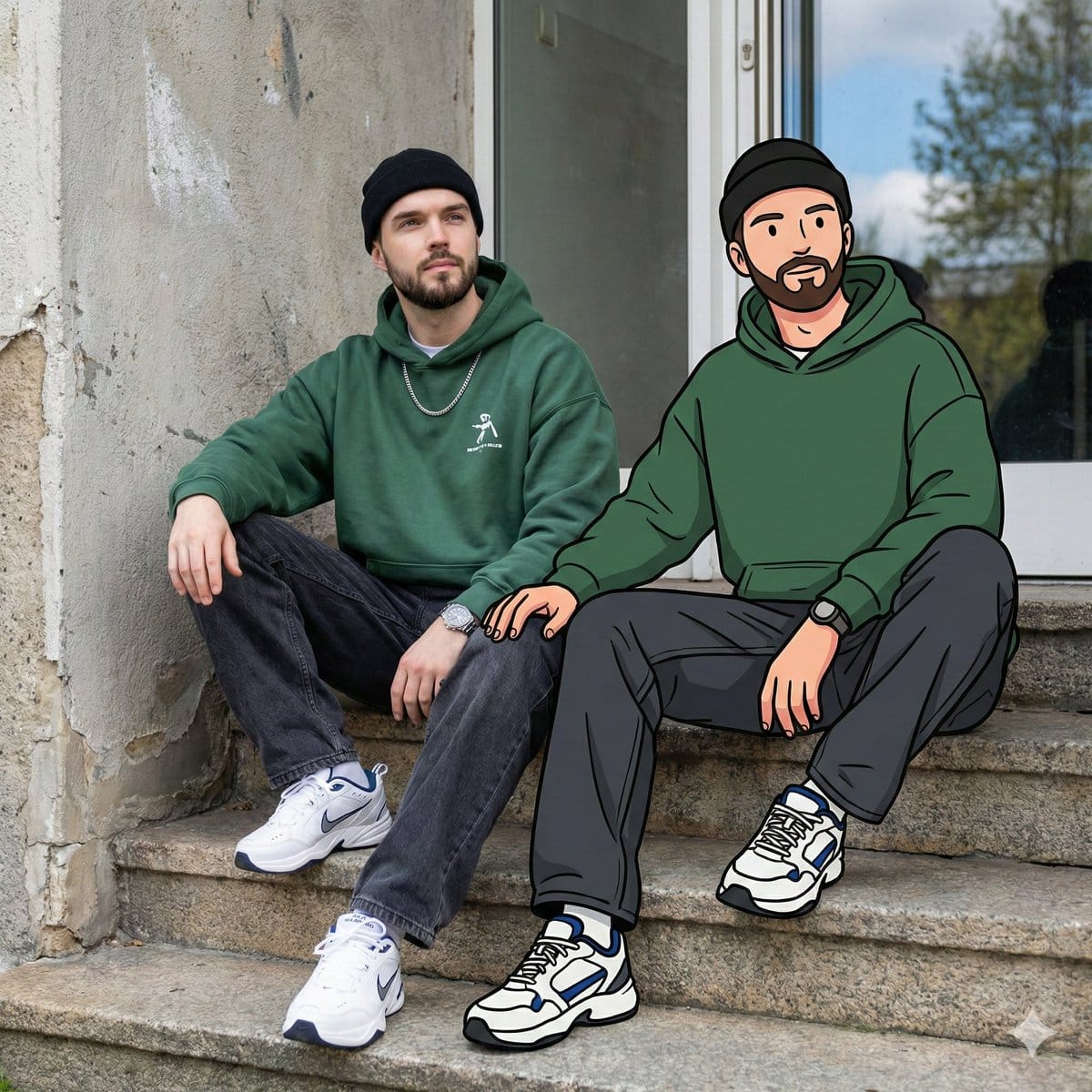 Mixed Reality Street Portrait with Cartoon Twin - AI Generated Character Style Image Example