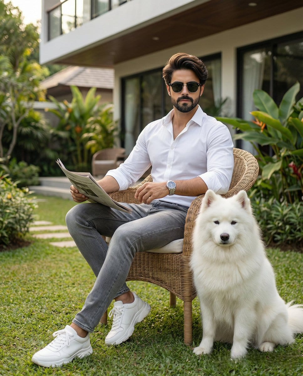 Modern Luxury Lifestyle Portrait of a Man in a Garden - AIプロンプト