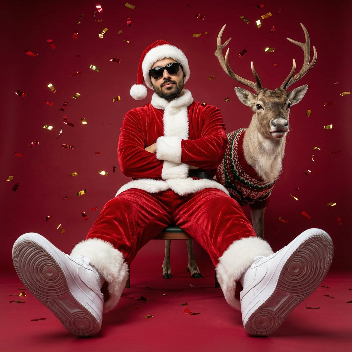 Modern Santa Fashion Editorial with Reindeer - AI 프롬프트