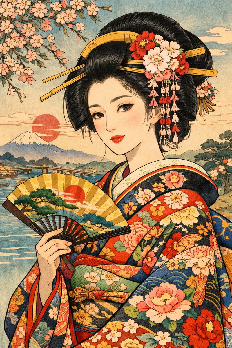 Modern Ukiyo-e Style Beauty Illustration - AI提示词