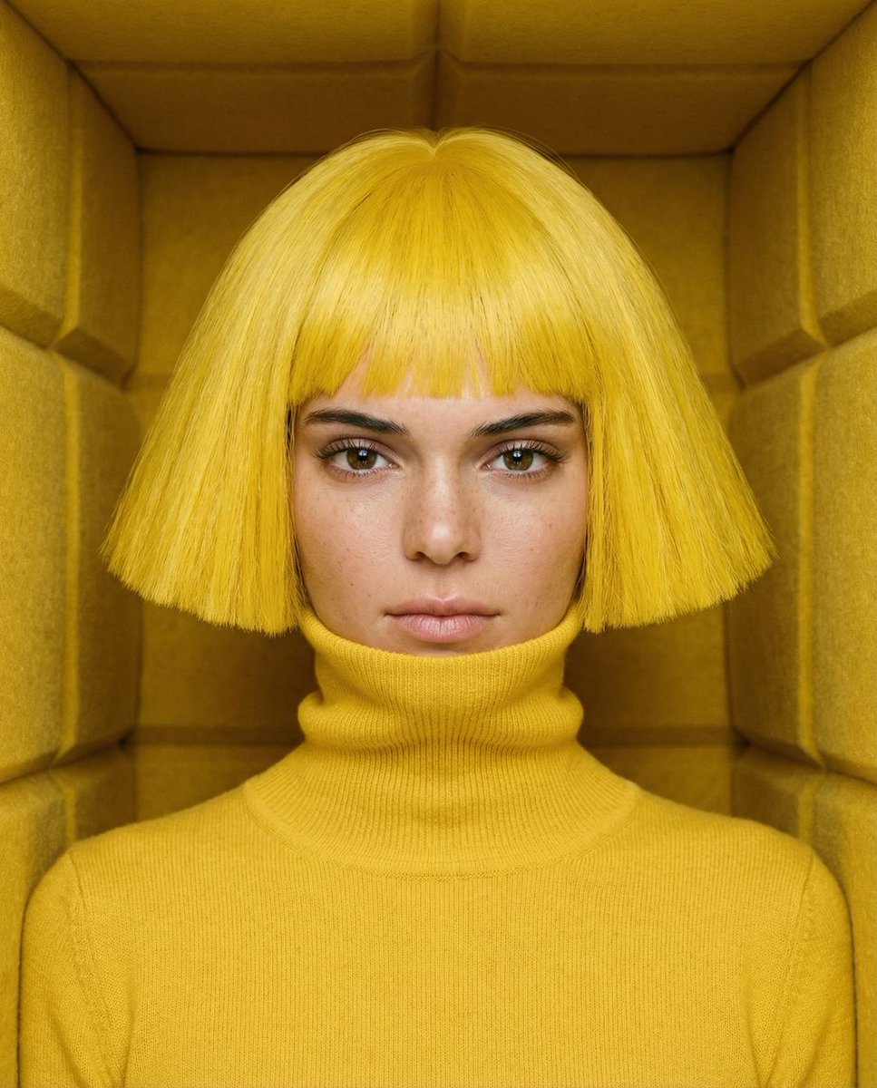 Preview image for Monochromatic canary yellow portrait of Kendall Jenner in an isolation booth prompt