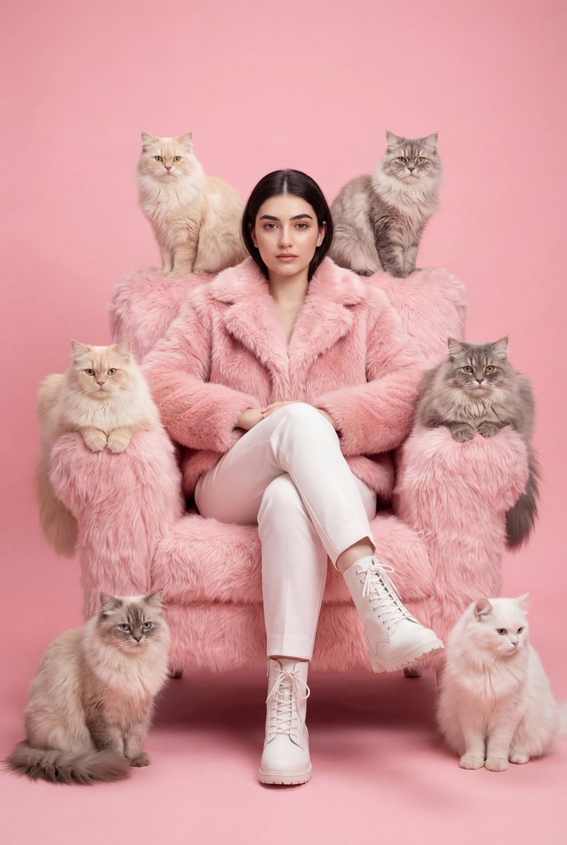 Preview image for Monochromatic Pink Fashion Editorial with Cats prompt