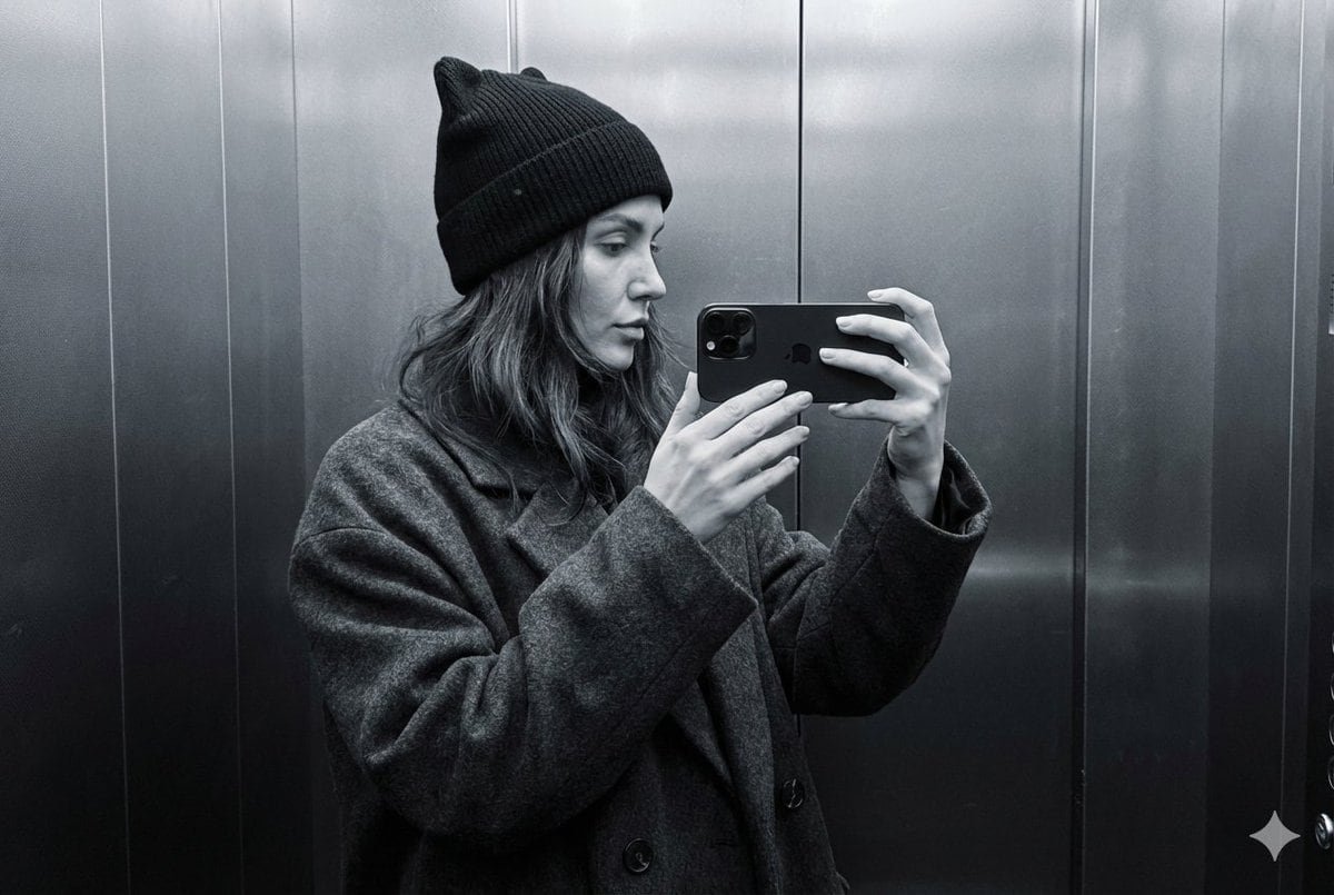 Monochrome Elevator Mirror Selfie with Cat-Ear Hat - AI 프롬프트