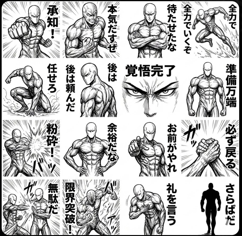 Monochrome tough-guy LINE stickers - AI Generated Character Style Image Example