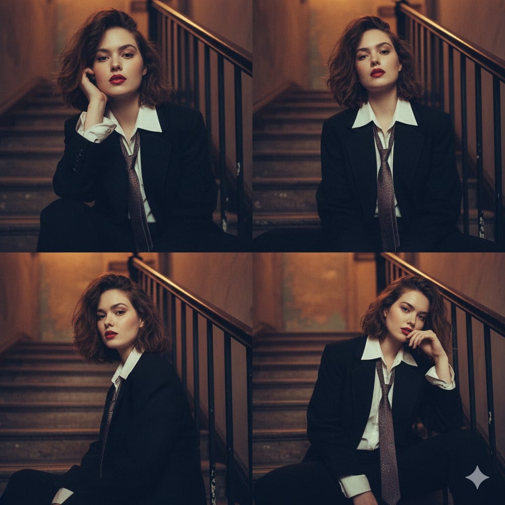 Moody 2x2 editorial collage of an androgynous woman - AI Generated AI Art Style Image Example