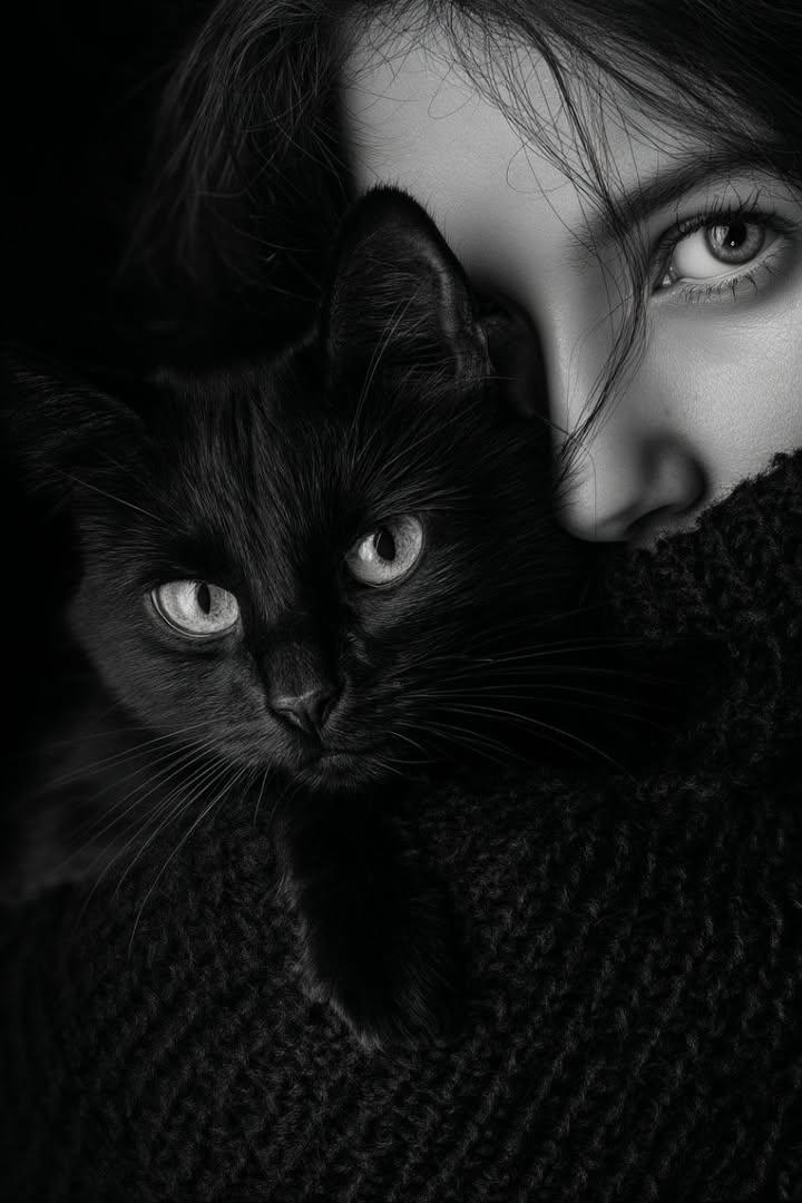 Moody Black and White Portrait with Cat - AI Generated Character Style Image Example