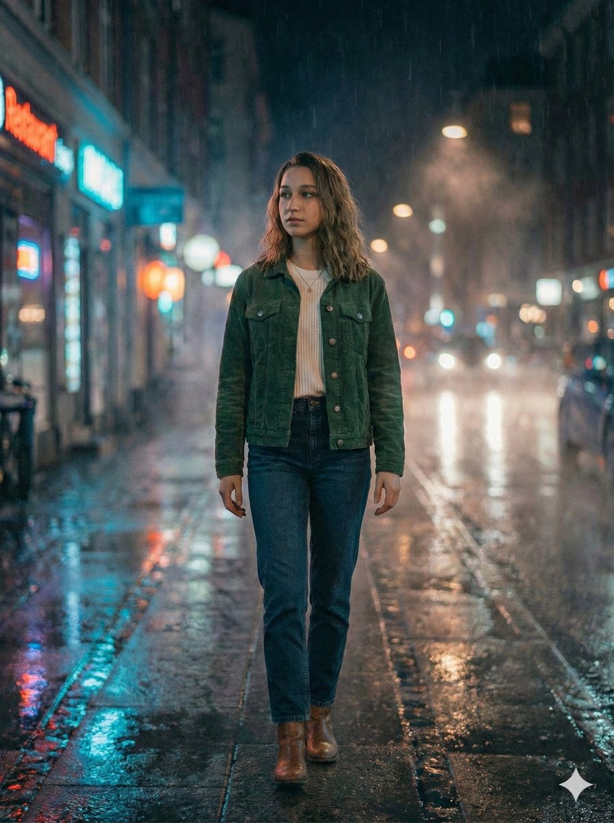 Moody Cinematic Night Rain Portrait (JSON) - KI-Prompt