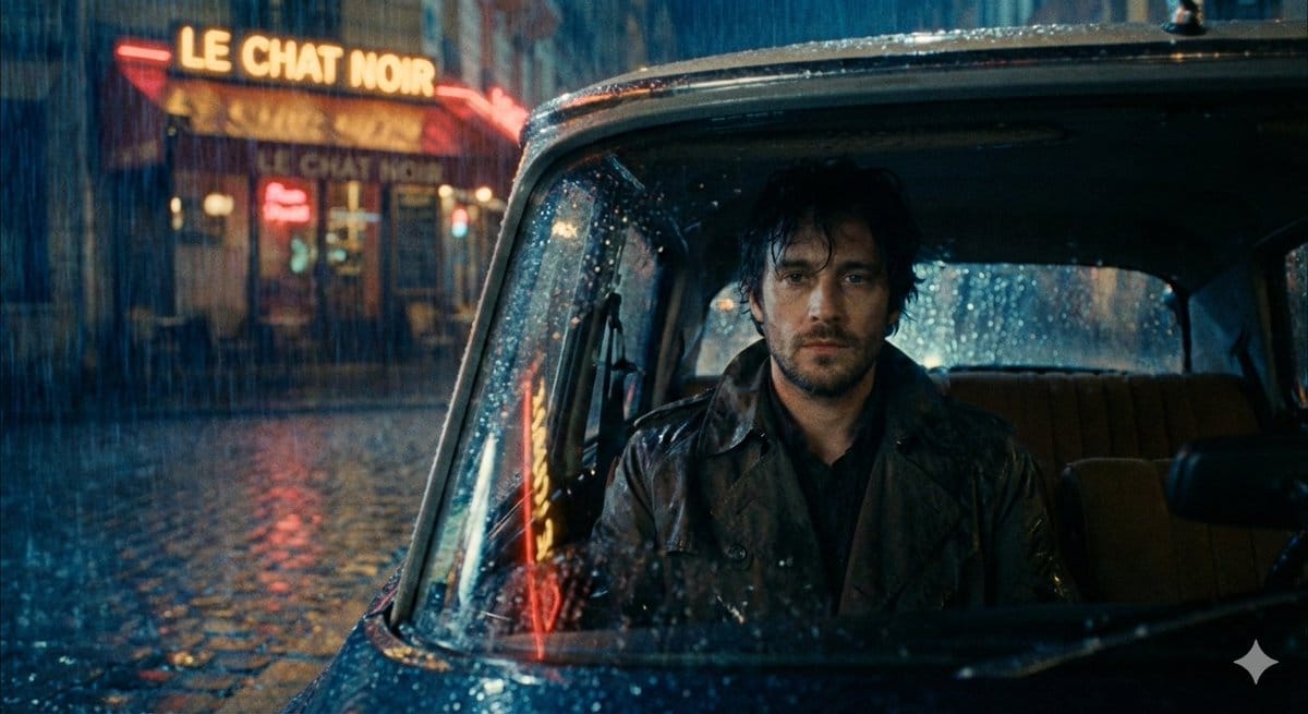 Moody cinematic Paris car scene - AI Generated Pixel art Style Image Example