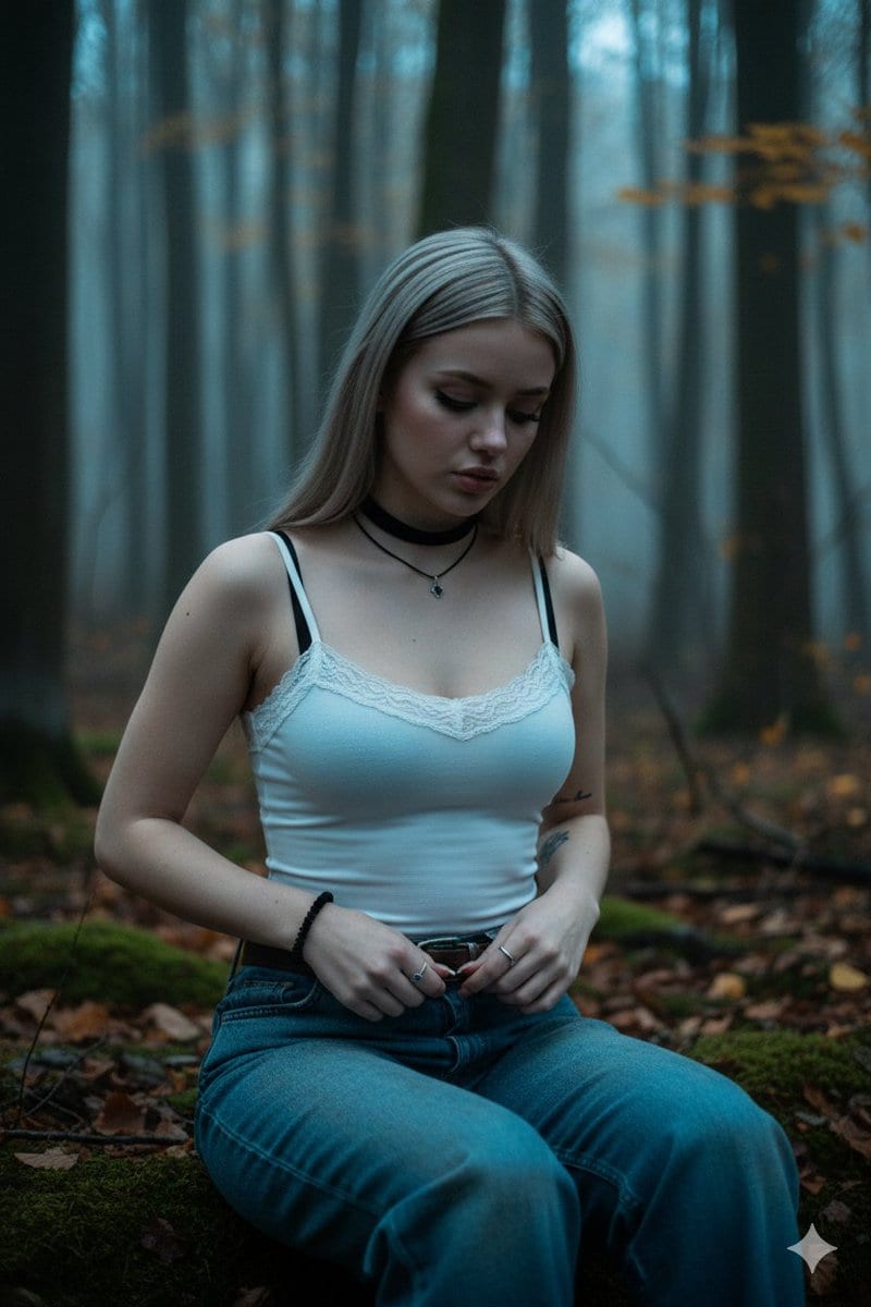 Moody Emo/Goth Portrait in Autumn Woodland with Identity Preservation - AIプロンプト