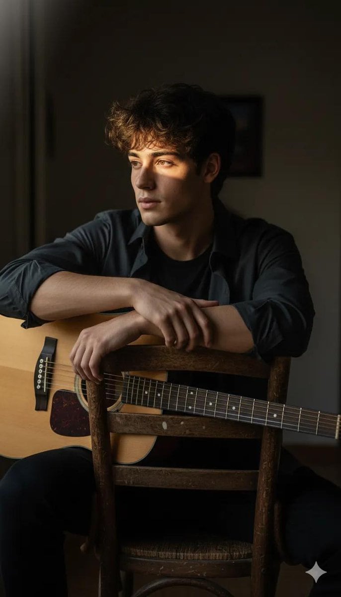 Moody High-Contrast Portrait with Acoustic Guitar - AI Generated Character Style Image