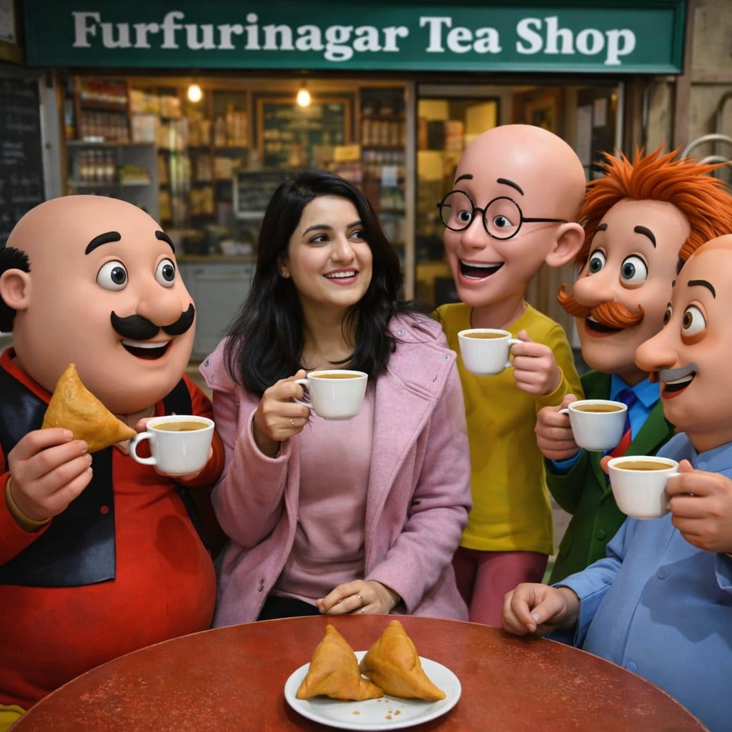 Motu Patlu Tea Shop Scene with Custom Face - Prompt IA