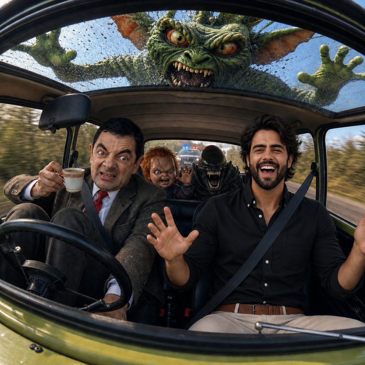 Preview image for Mr Bean Mini Cooper Chaos prompt