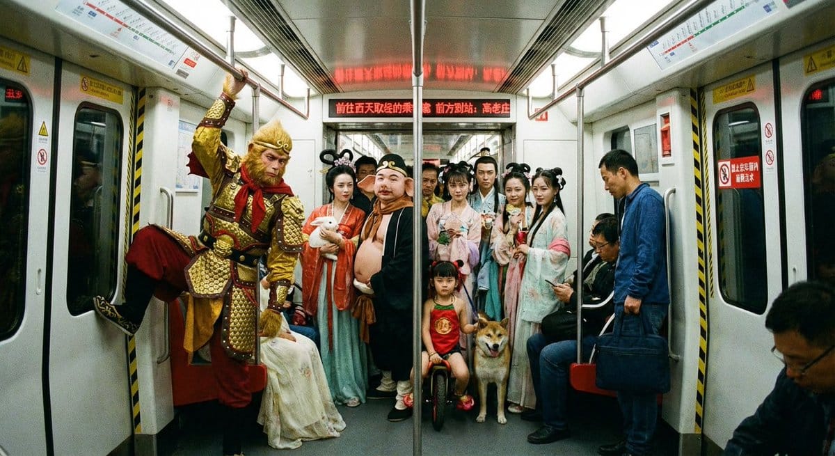 Mythical characters on a crowded Beijing subway - Prompt IA