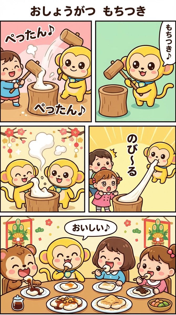 Nano Banana Pro Manga Generation - New Year's Mochi Pounding - AI Generated AI Art Style Image Example