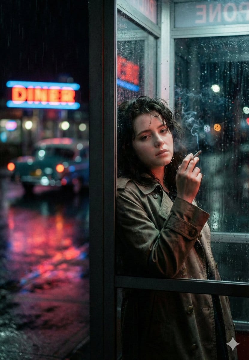 Neo-Noir Phone Booth Scene in the Rain - AI 프롬프트