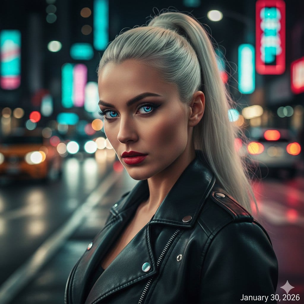Neon City Street Style Editorial Prompt - AI Generated Realistic Style Image Example