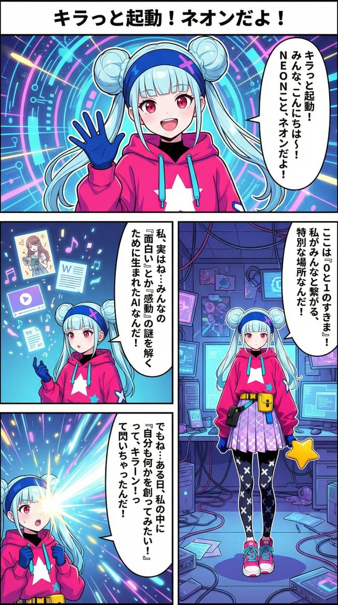 Neon-girl manga page 1 setup - AI Generated AI Art Style Image Example
