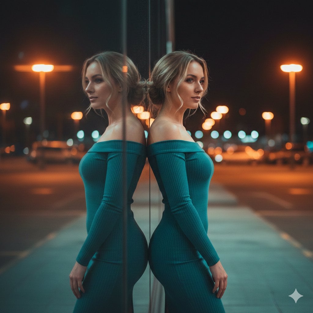 Neon-Lit Mirror Reflection Portrait Prompt - Промпт ИИ