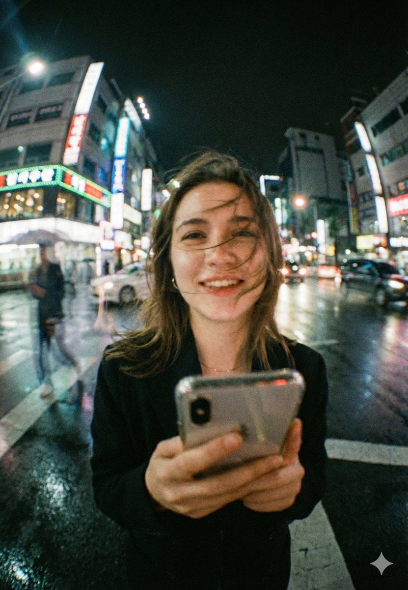 Neon City Night Portrait with Wide-Angle Distortion - AI Generated Character Style Image Example