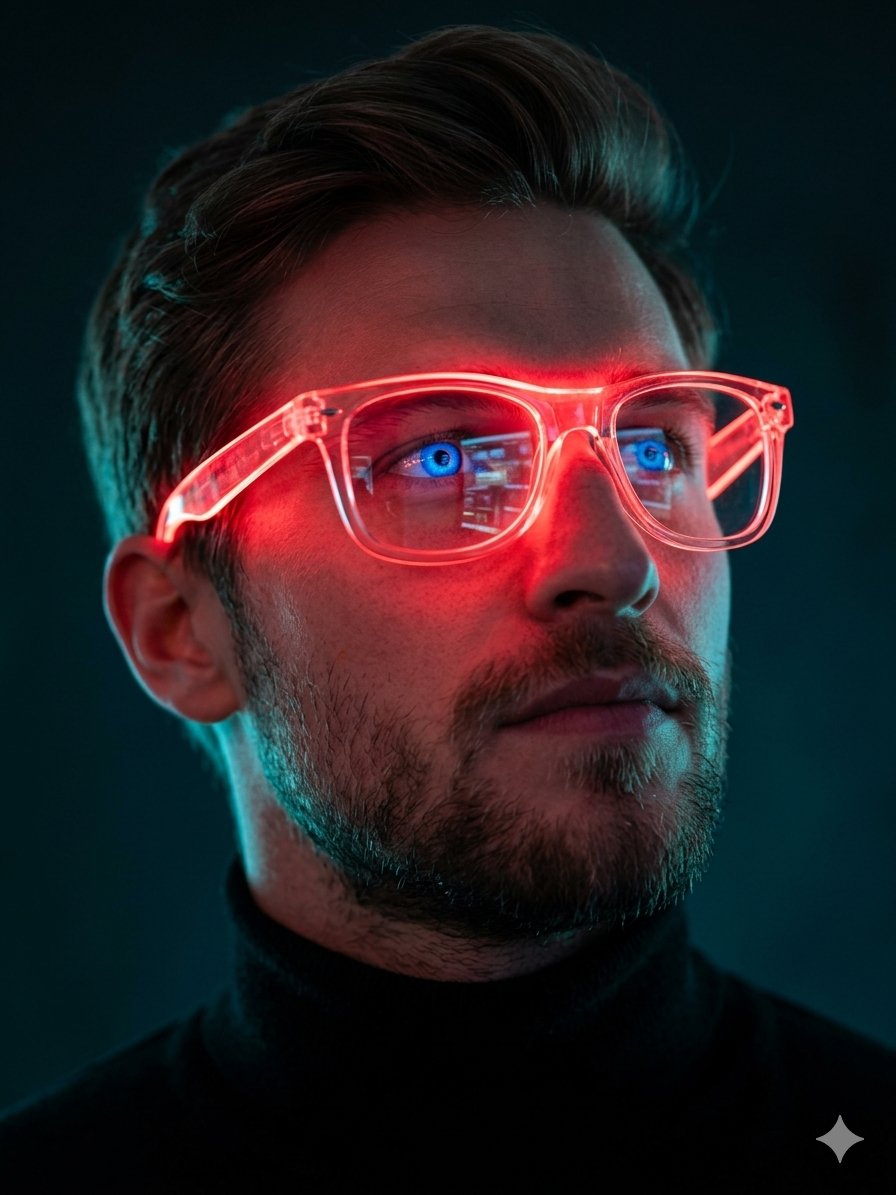 Preview image for Neon Red Glasses Cinematic Portrait prompt