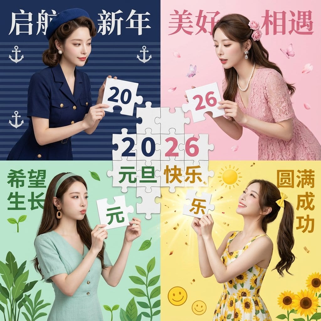 New Year's Day Special: Four-Panel Puzzle for 2026 Blessing - AI Generated Character Style Image Example