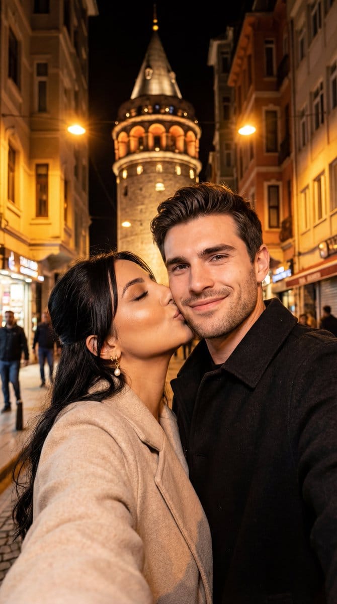 Night City Selfie Kiss Prompt (Galata Tower) - AI提示词