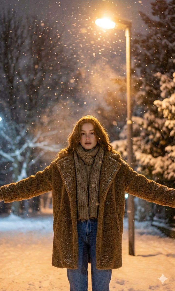 Nighttime Winter Scene with Strict Face Identity Lock - Prompt IA