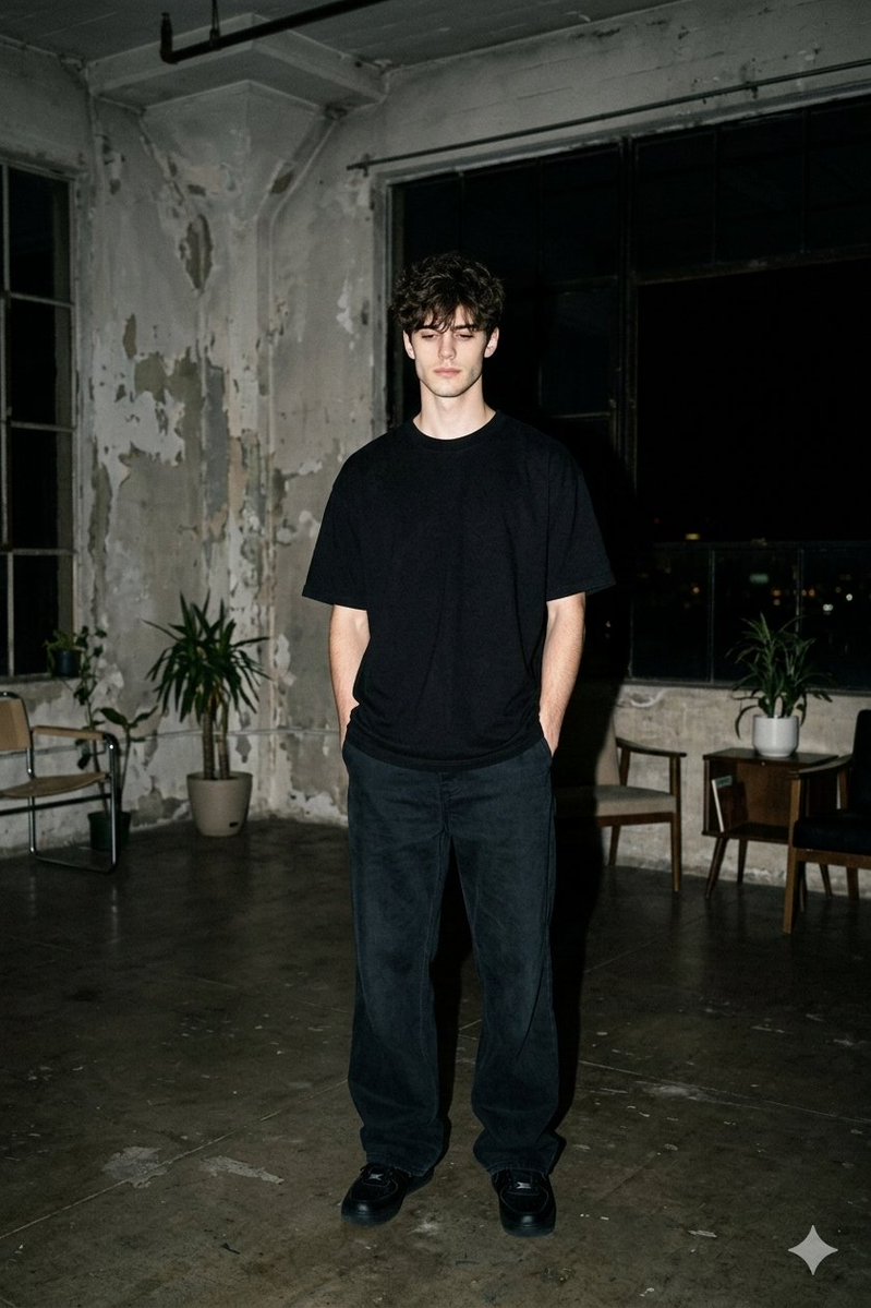 Preview image for Nighttime Industrial Loft Fashion Shot (35mm Film Aesthetic) prompt