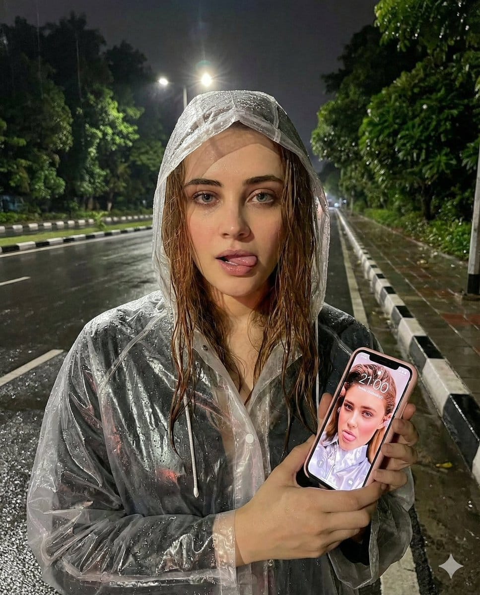 Nighttime Rain Selfie with iPhone Reflection