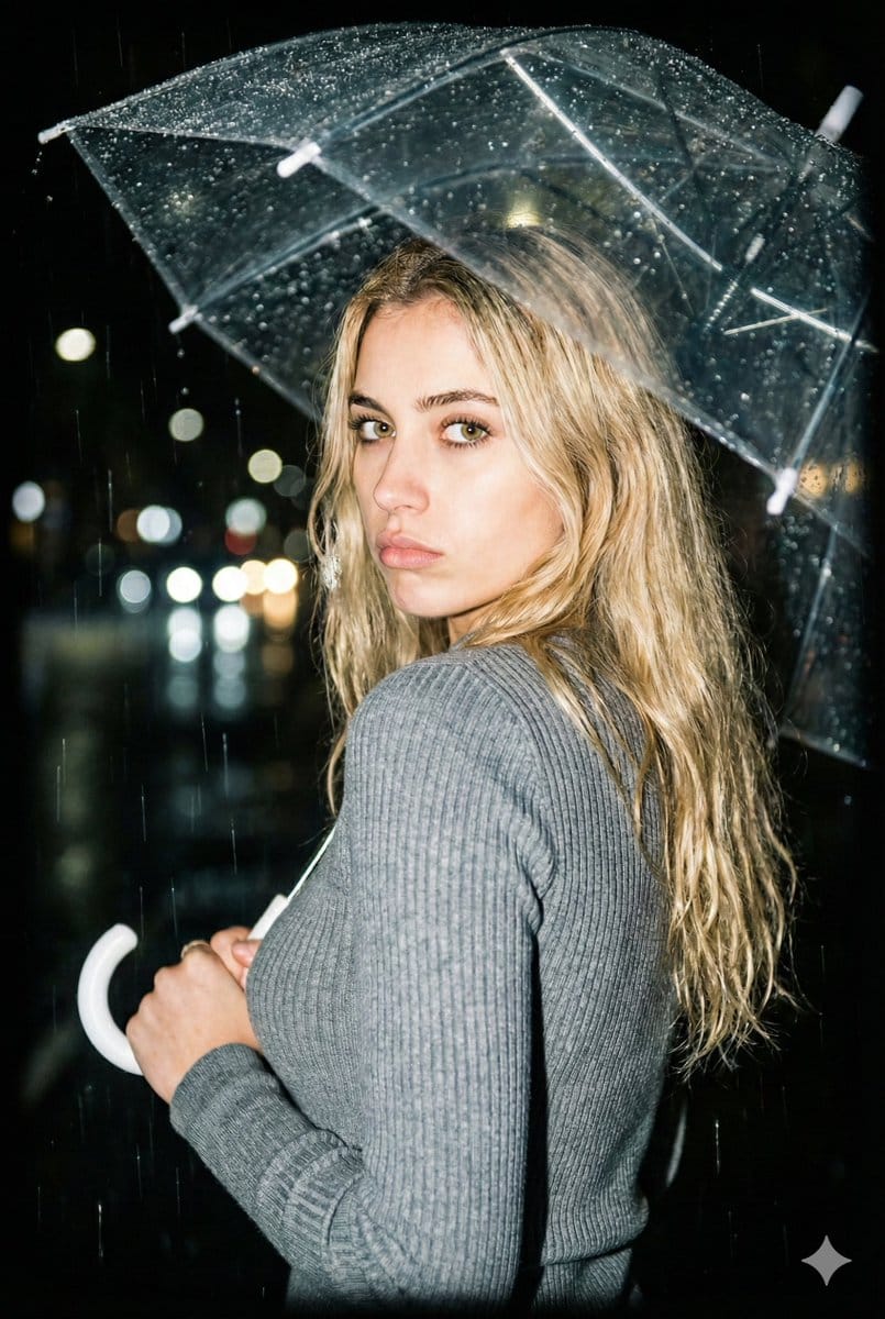 Nighttime Rainy Umbrella Portrait Prompt - KI-Prompt