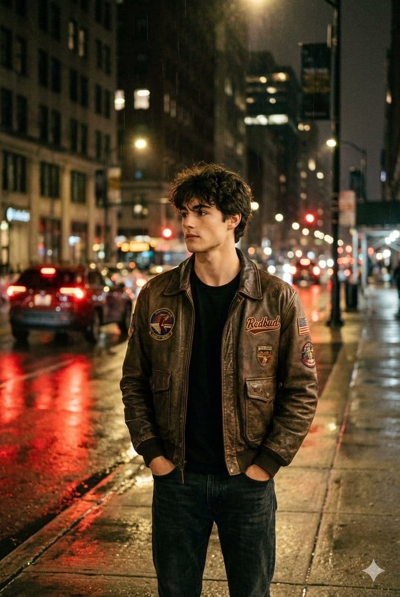 Nighttime Street Portrait with Wet Pavement - AI Generated Character Style Image Example