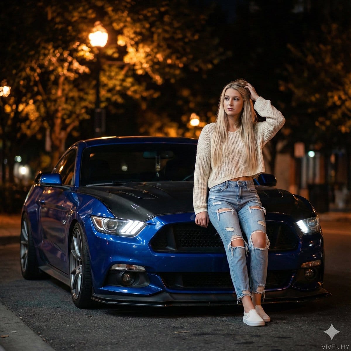 Nighttime Urban Portrait with Mustang GT - AI Prompt