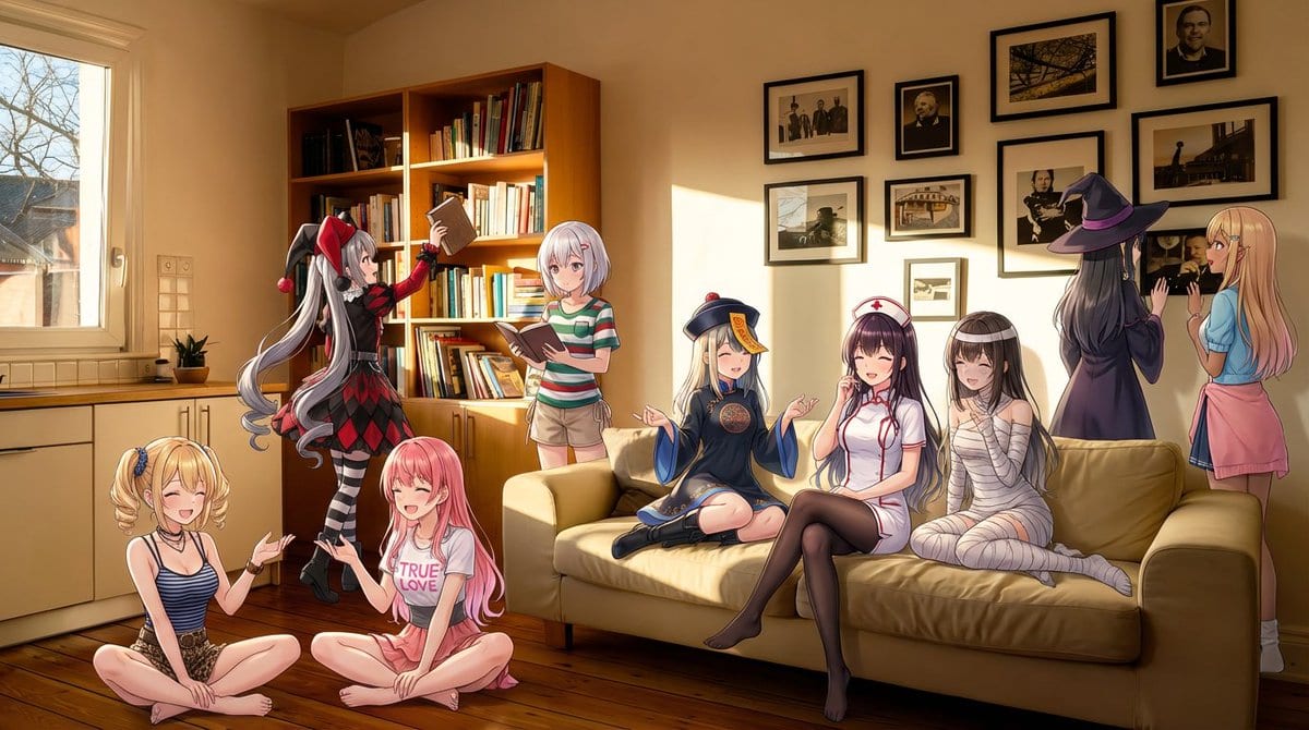 Nine-character group scene in living room background - Prompt IA