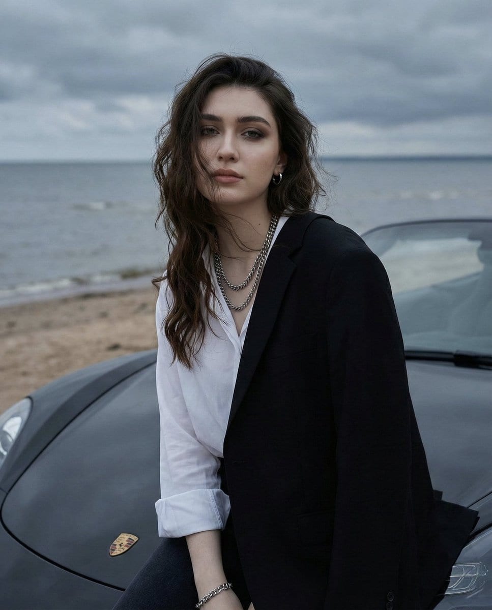 Overcast Seaside Car Hood Portrait with Identity Lock Prompt - AI 프롬프트