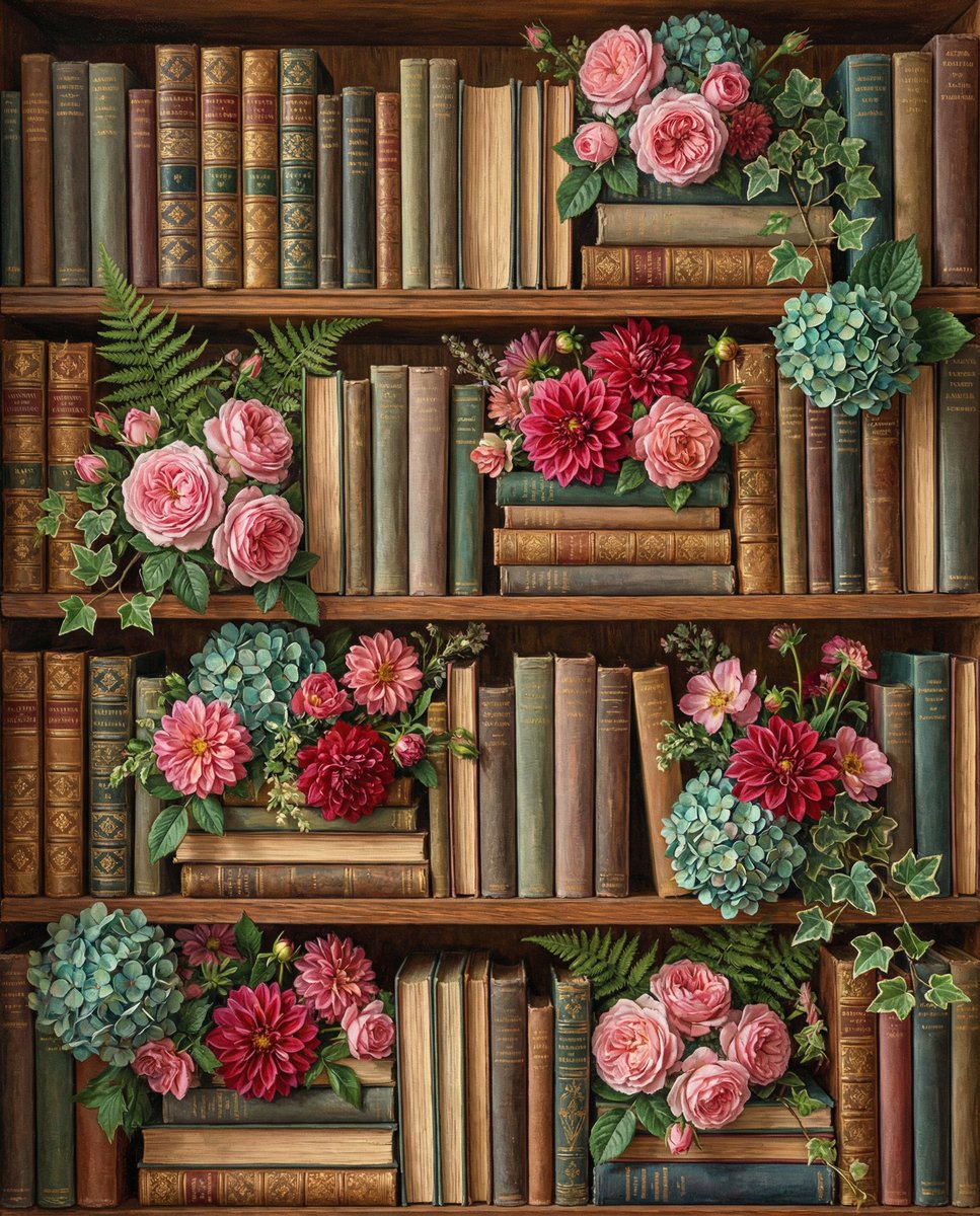 Preview image for Overhead Shot of Bookshelves with Floral Arrangements prompt