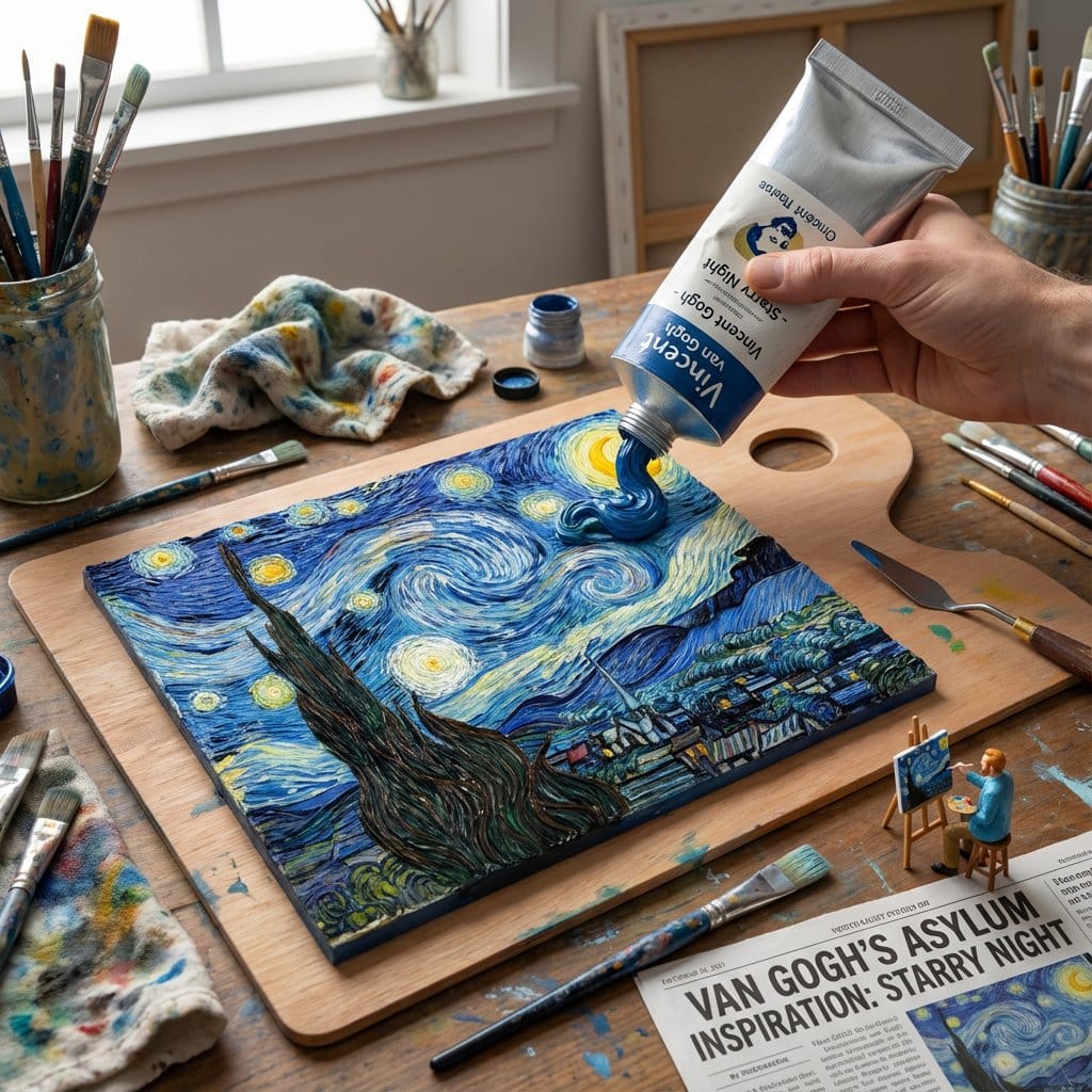 Paint Tube Squeeze: Starry Night in 3D Relief - AI Prompt
