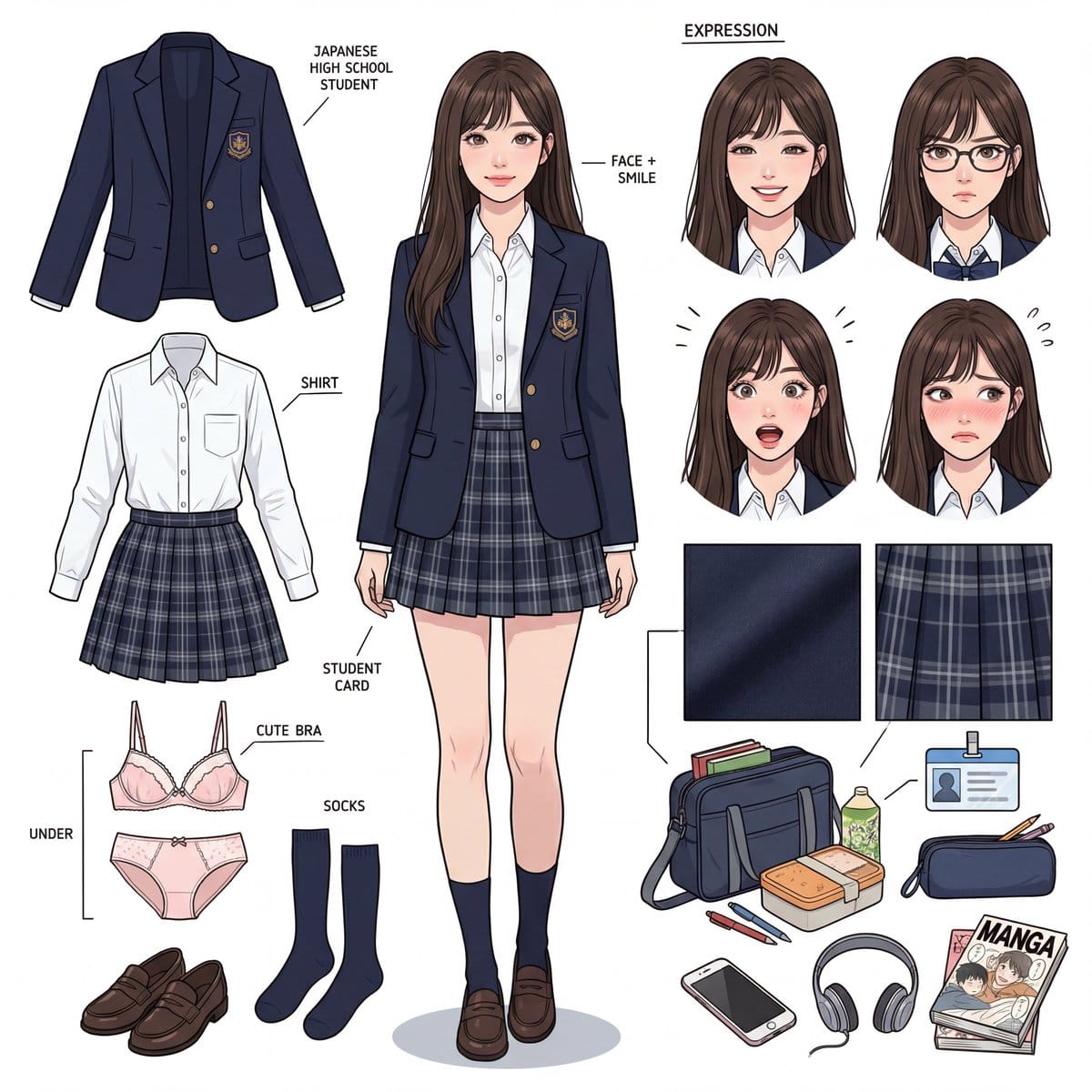 Panoramic Character Concept Sheet for 17-Year-Old Japanese JK - Prompt IA