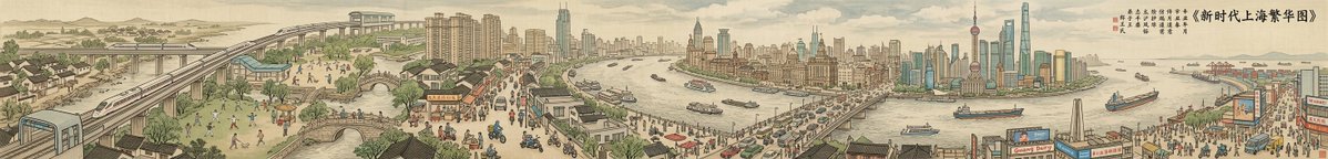 Preview image for Panoramic Cityscape in Qingming Festival Scroll Style (8:1 Aspect Ratio) prompt