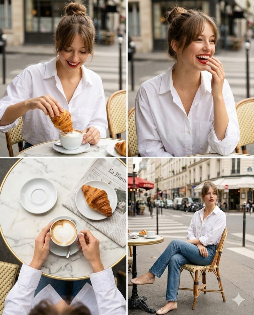 Parisian Cafe Multi-Panel Grid for Identity Preservation - AI 프롬프트