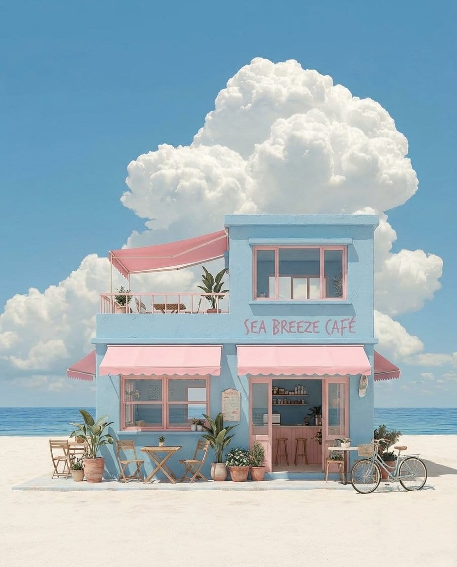 Pastel Coastal Building with Dramatic Cumulus Cloud Prompt - Prompt IA