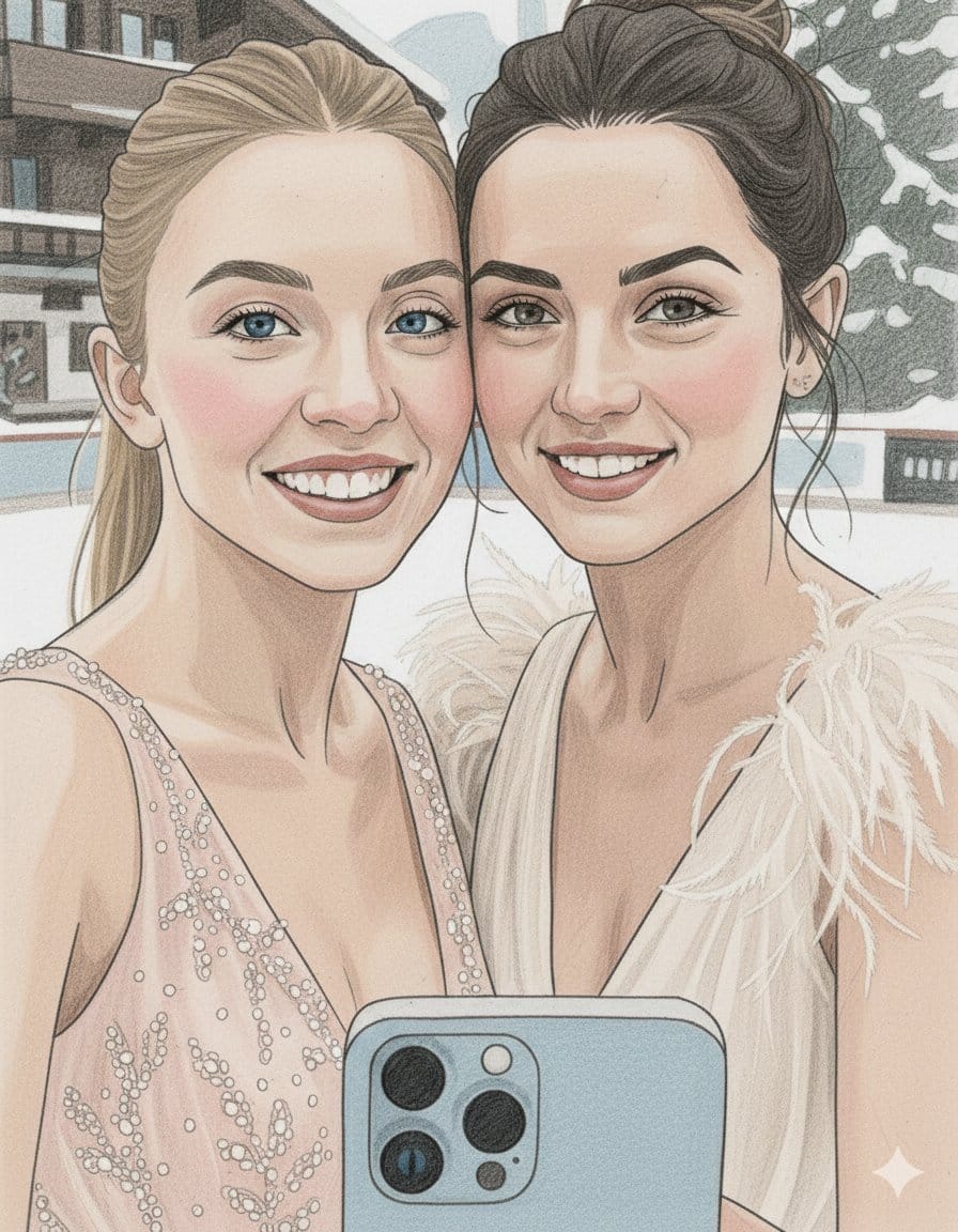 Pencil Sketch of Sydney Sweeney and Ana de Armas Selfie - Prompt IA