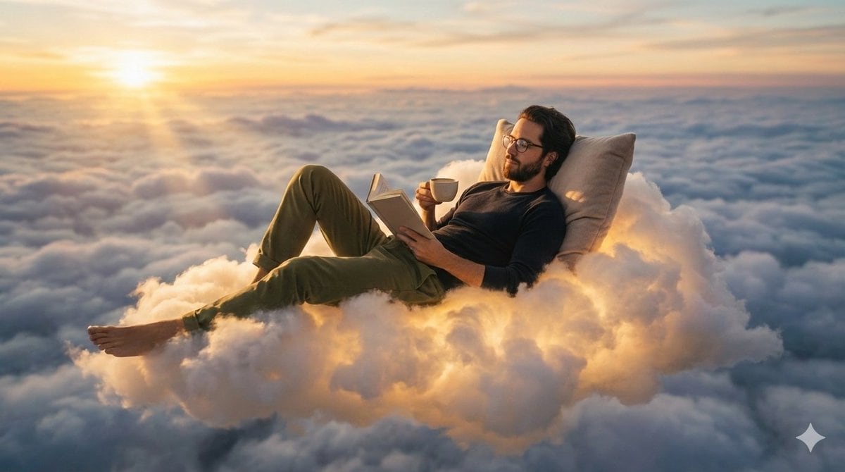 Person relaxing on glowing cloud above the sky - AI Generated Character Style Image Example