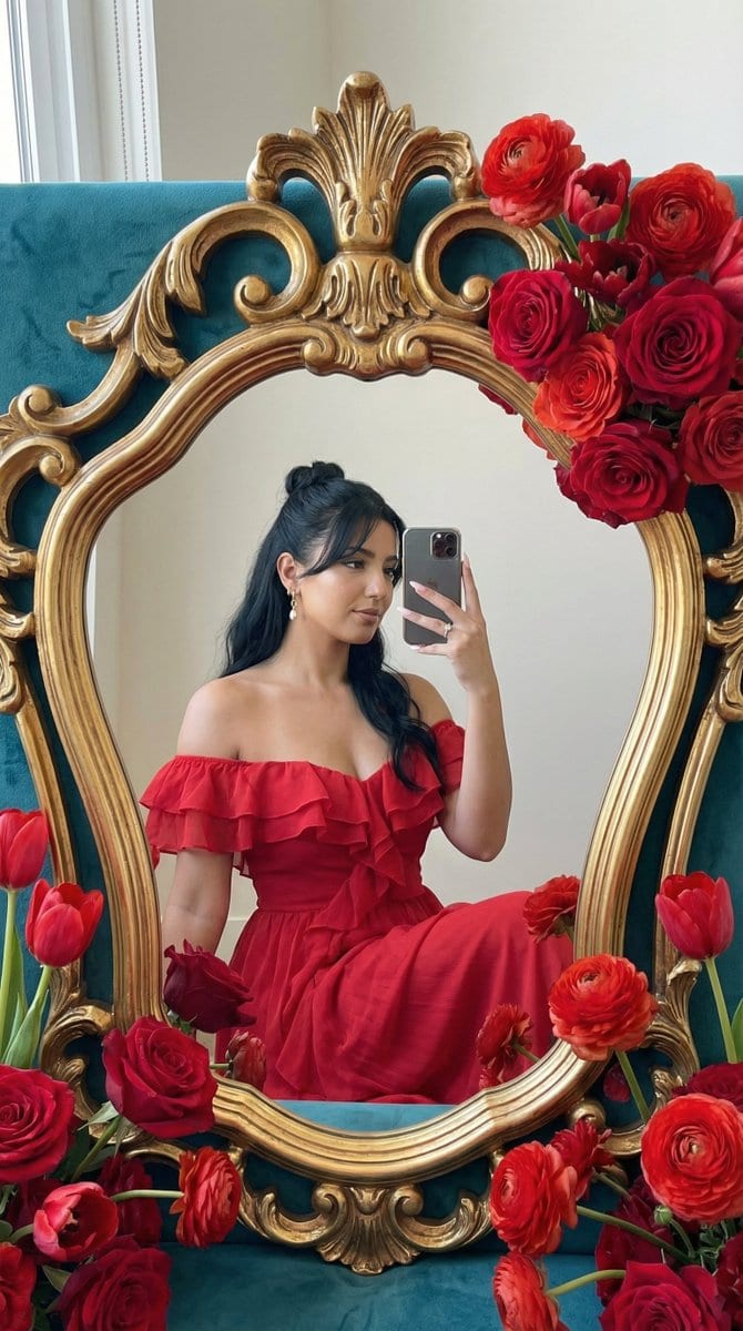 Photoreal Editorial Mirror Selfie with Floral Frame - AI Generated Realistic Style Image Example