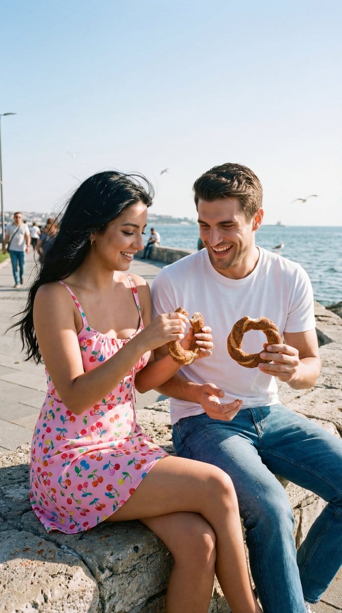 Photoreal Candid Street Romance Film Still Prompt (Moda Seaside) - KI-Prompt