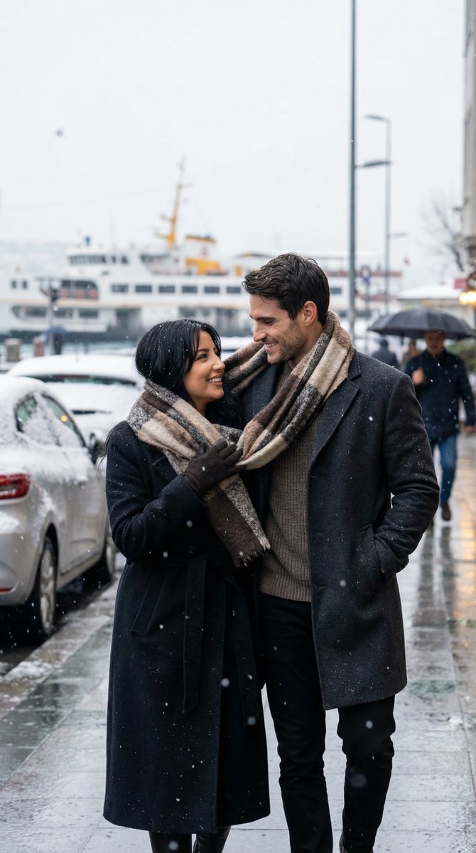 Photoreal Candid Street Romance in Winter Snow
