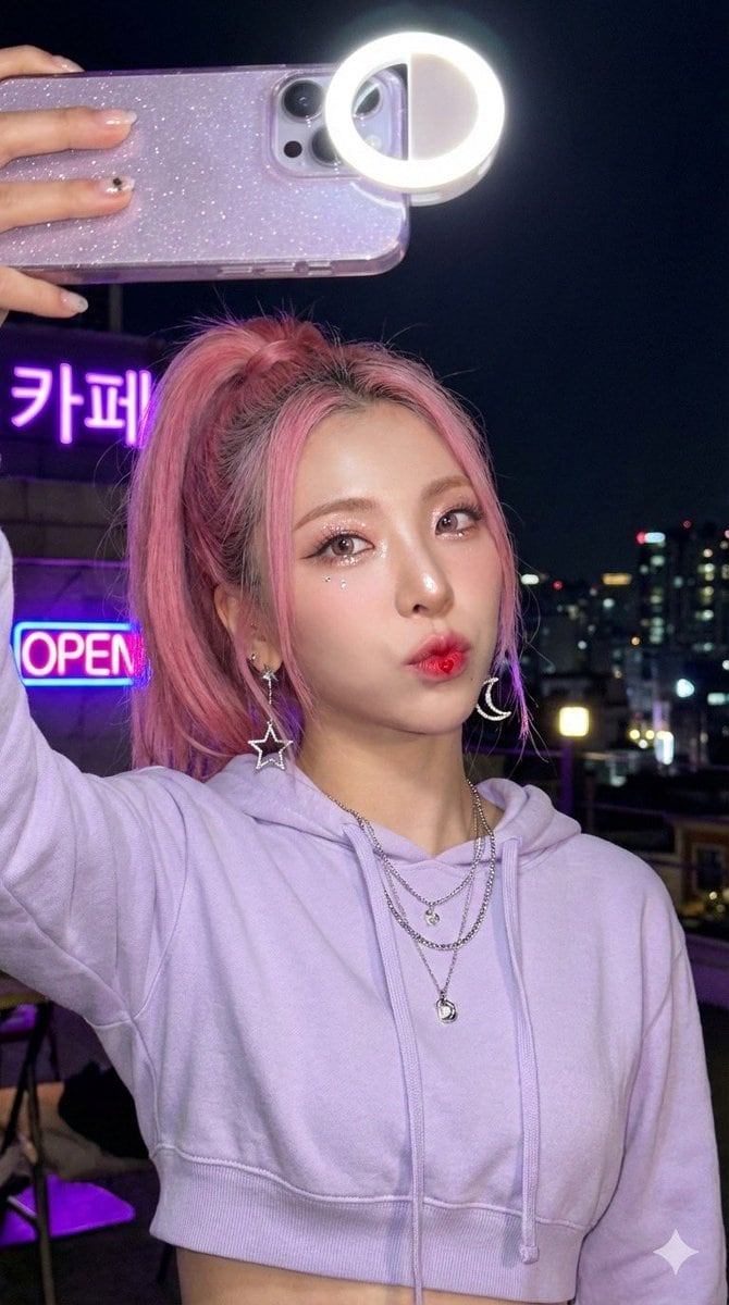 Photoreal K-pop selfie on rooftop - AI Generated Realistic Style Image Example
