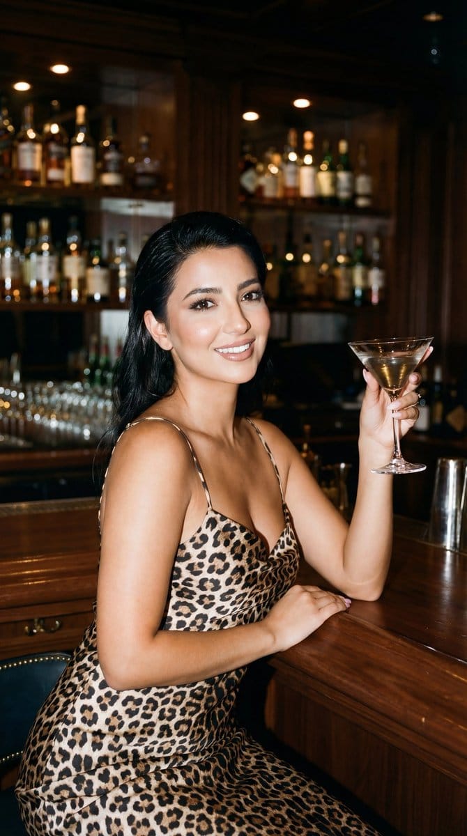 Photoreal Luxury Bar Portrait (Leopard Dress) - AI提示词