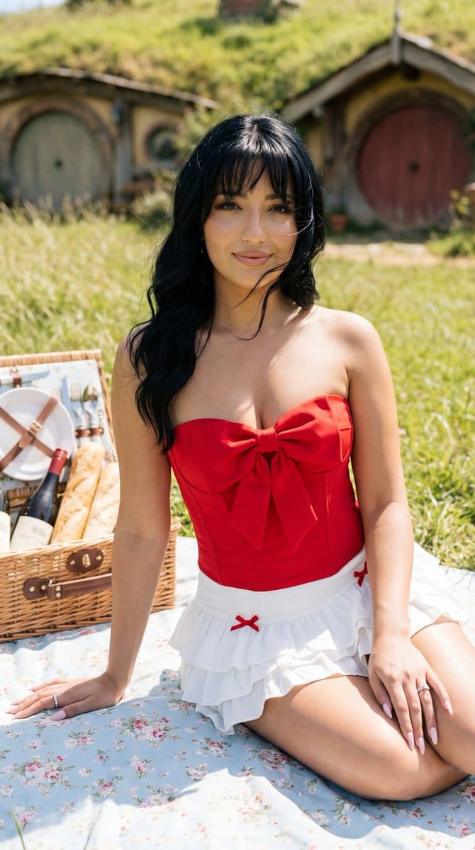 Photoreal Picnic Portrait near Hobbit Cottages - Prompt IA
